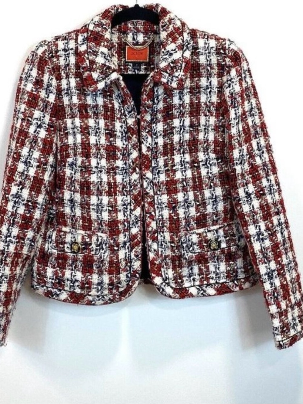 J Crwe Womens Red Tweed Jacket - Classic Collared Coat